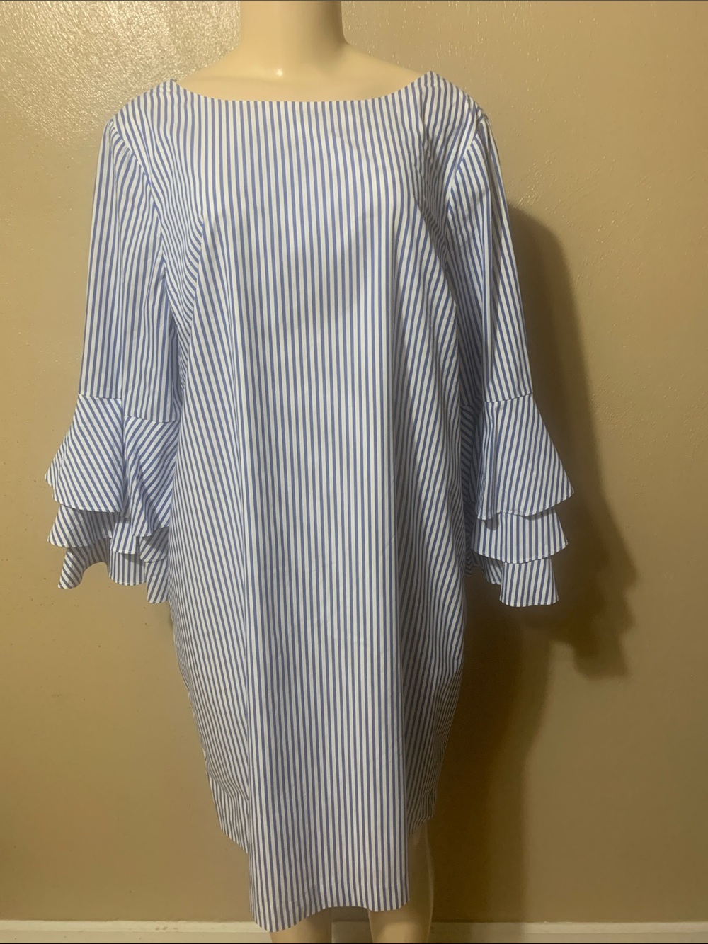 Chico's size 2P Blue & White Vertical-Stripe Ruffle-Sleeve Dress NWT
